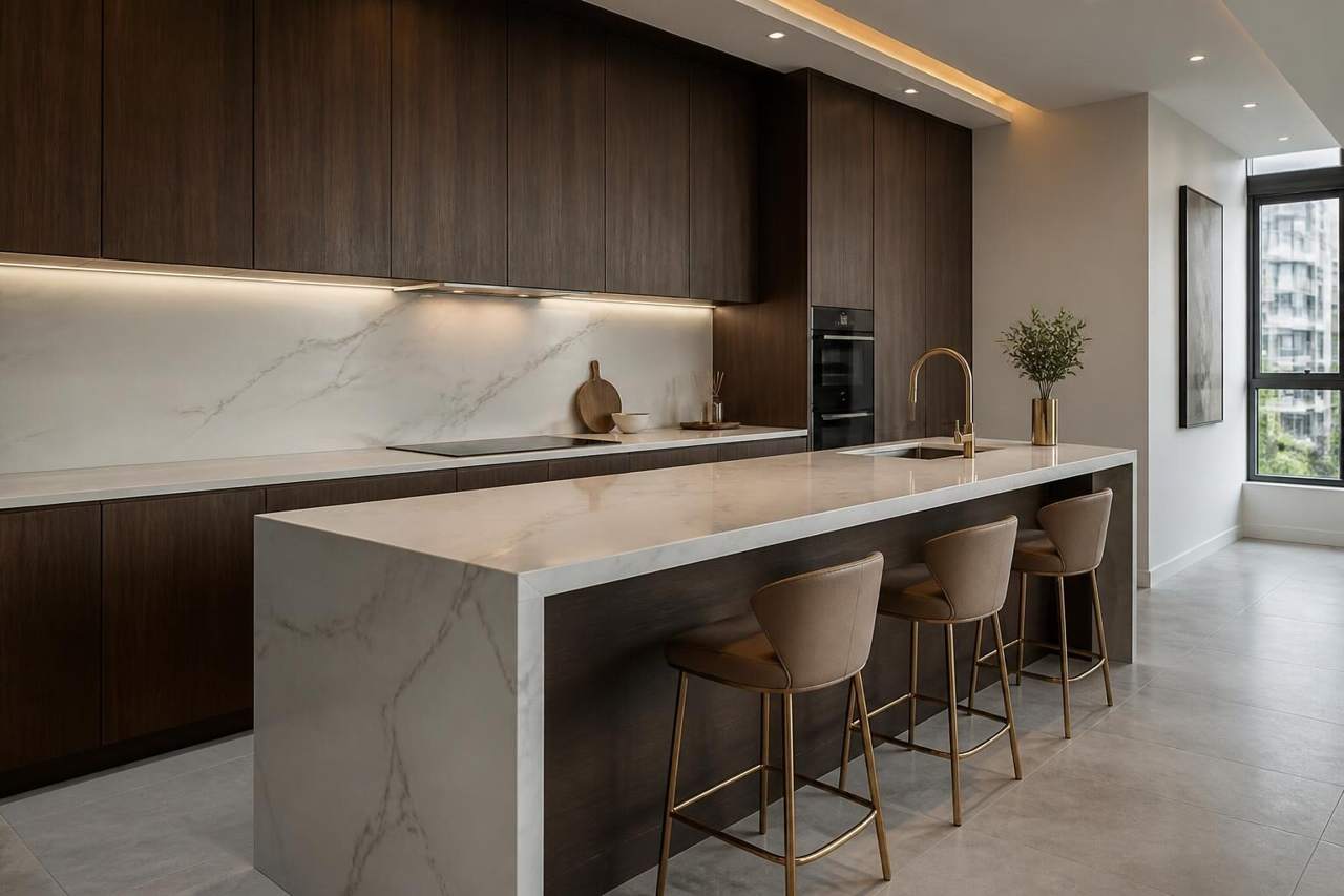 Walnut handleless kitchen cabinets with marble-look island