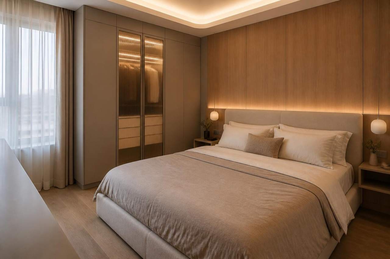 3D render of a warm minimalist bedroom