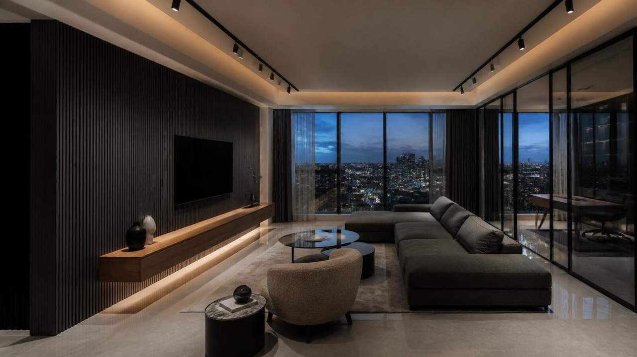 Dark luxe living room 3D render