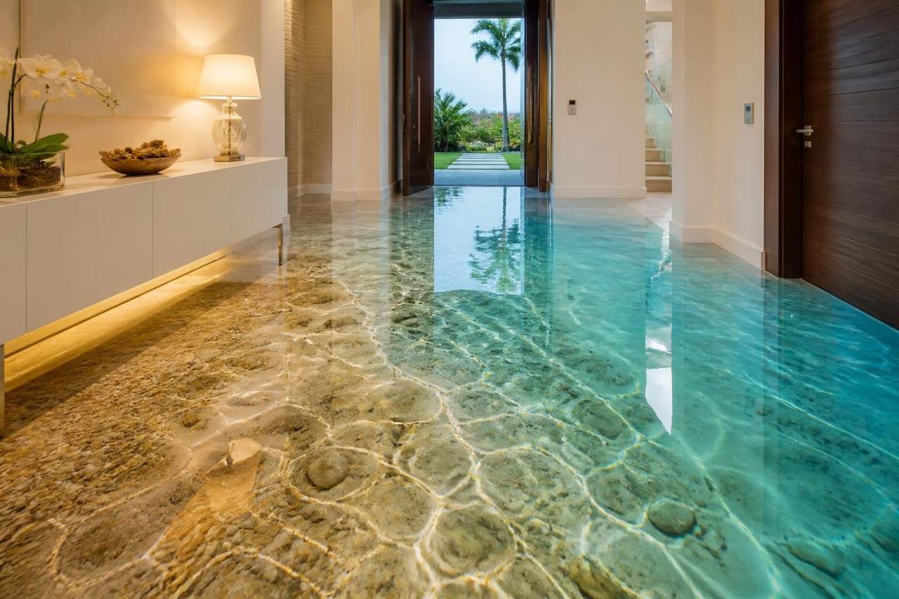 Foyer with 3D epoxy floor showing shallow ocean water over sand