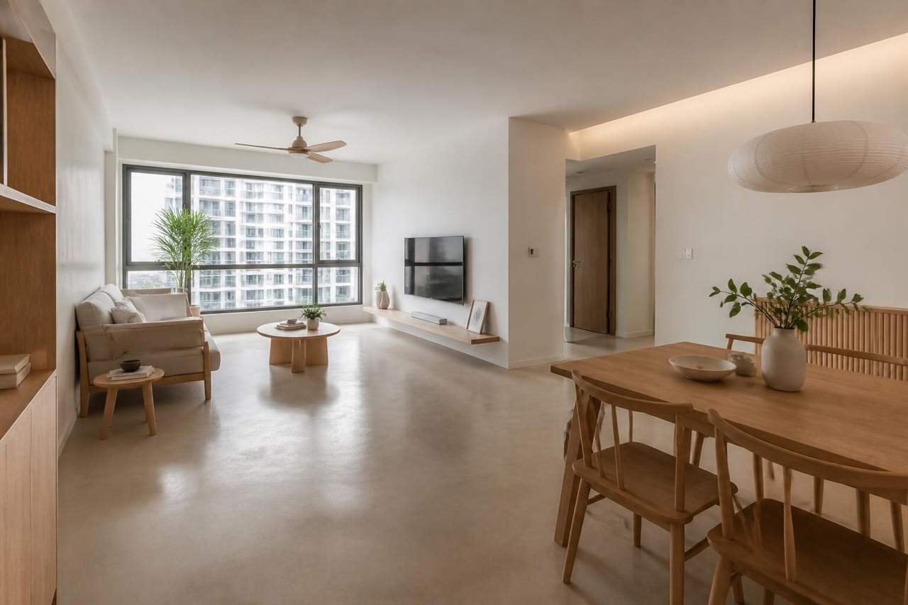 Living area with seamless warm greige microclay floor