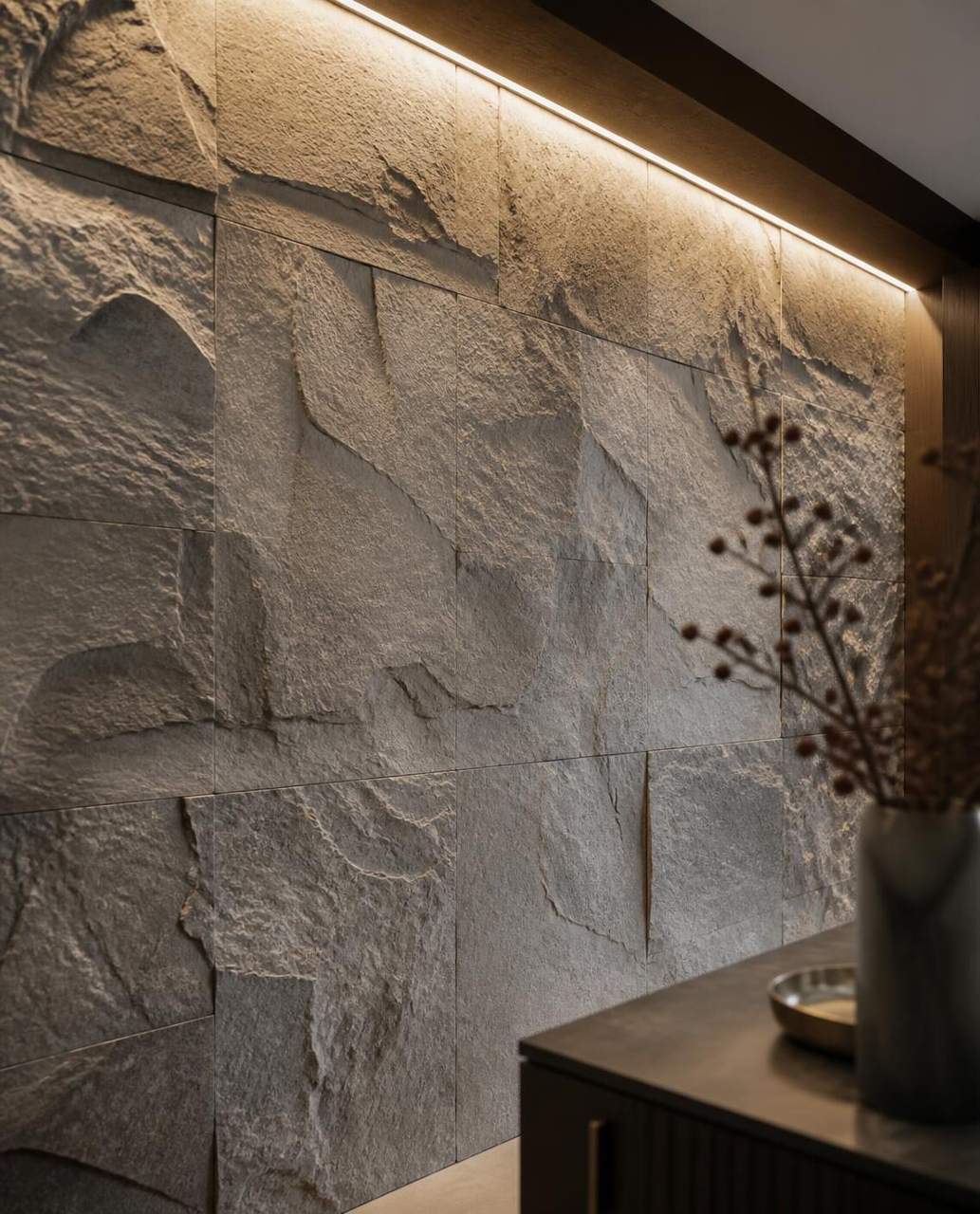 Close-up of PU stone texture under grazing light