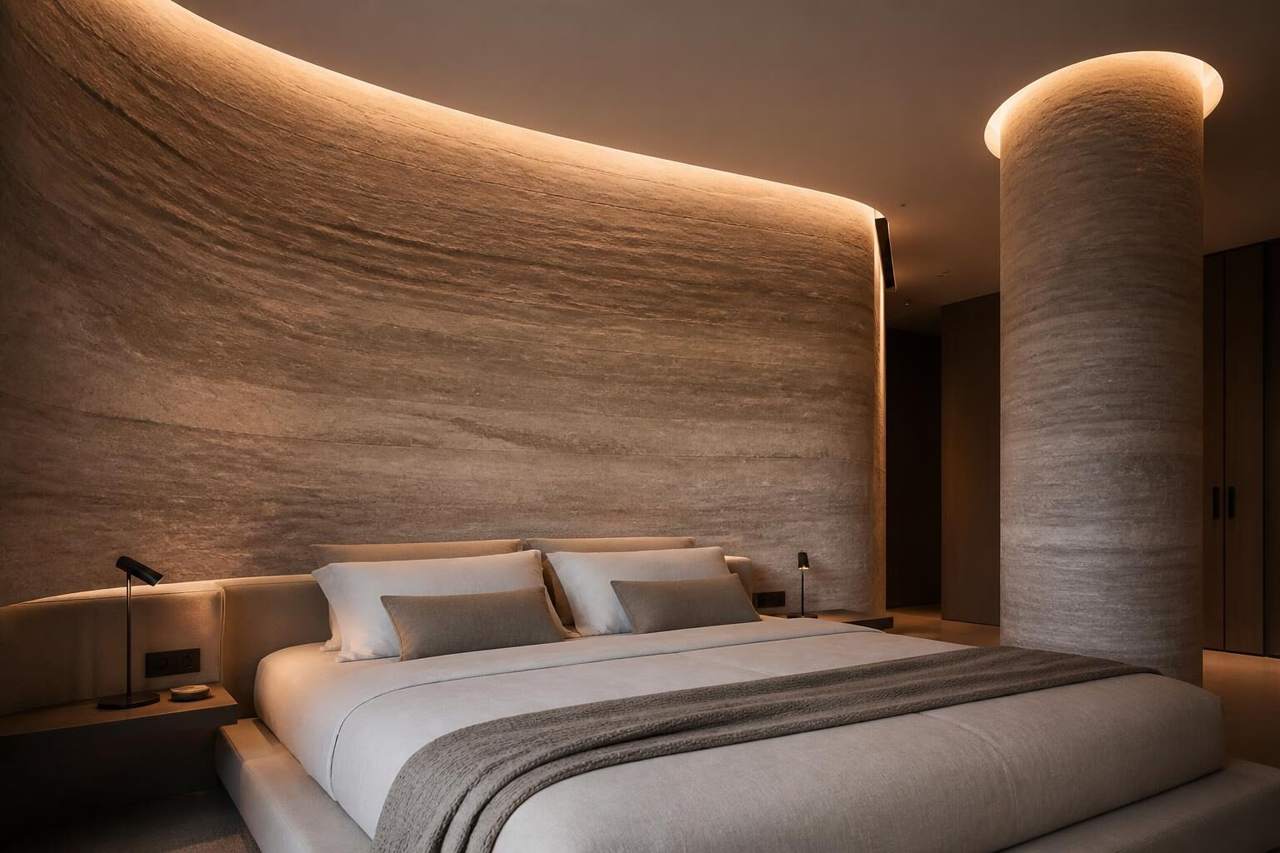 Curved bedroom wall and column wrapped in soft textured stone